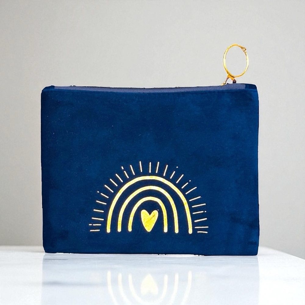 Anthropologie Navy Suede Rainbow Clutch Gold Heart Zip Pouch NWOT